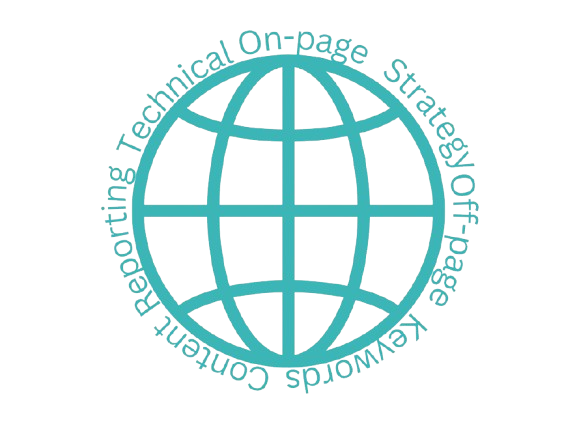 globe with seo services, technical, on-page, strategy, off-page, keywords, content, reporting